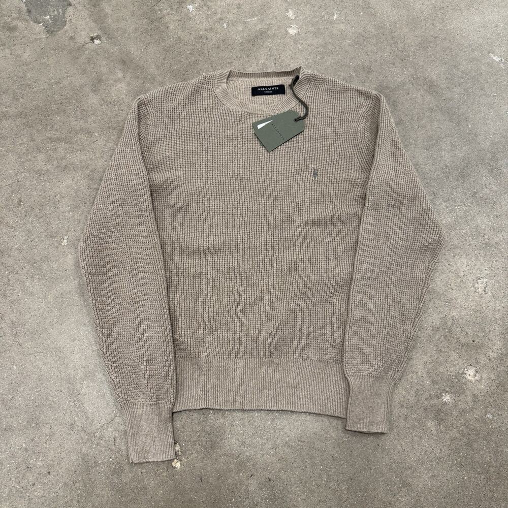 New With Tags Allsaints Mens Trias Crew Neck Knit Sweater Size XS Ramskull Tan
